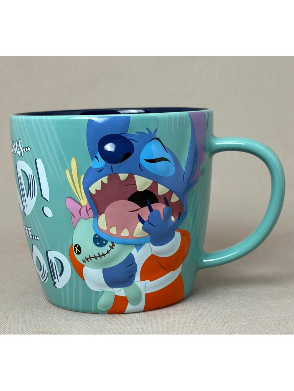 Disney Parks Stitch Coffee Mug Mornings Bad Coffee Good Scrump Teal Blue Cup 16o